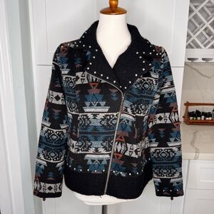 Venario 100% Wool Aztec Southwestern Print Moto Style Jacket Size Medium